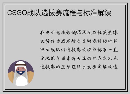 CSGO战队选拔赛流程与标准解读