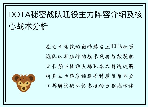DOTA秘密战队现役主力阵容介绍及核心战术分析